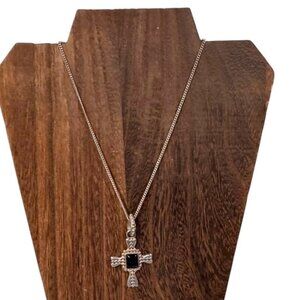 Sterling Silver Cross Pendant Necklace Black Onyx Stone Chain Necklace Italy 925
